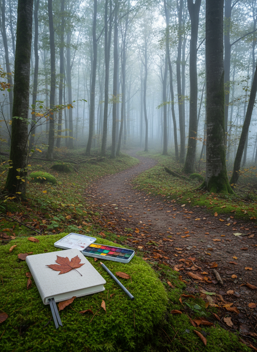 A winding woodland path made of compacted earth and scattered leaves gently curves through a quiet, moss-carpeted forest. On one side of the path lies a neatly arranged stack of nature journaling supplies: a closed linen-covered notebook, a graphite pencil, a small tin of watercolors, and a pressed-leaf bookmark. Early morning fog lingers between tall, slender tree trunks, softening the distance. Subtle, cool natural light filters through the canopy, creating a tranquil, introspective mood. Photographic realism from a slightly elevated, wide-angle perspective, with the supplies in the foreground and the path leading deeper into the frame, symbolizing an inner journey through nature-based reflection.