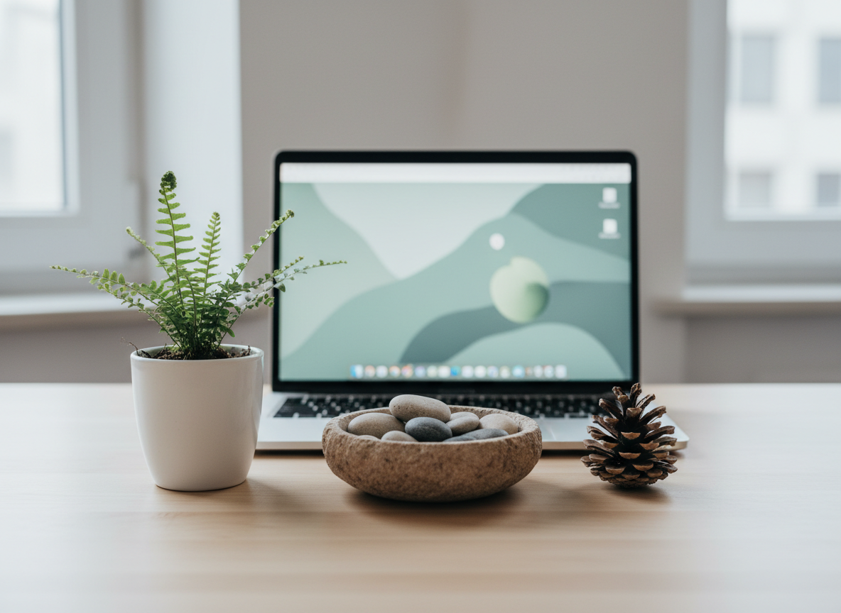 A minimalist desktop sanctuary featuring a small sandstone bowl filled with smooth pebbles, a tiny potted fern with delicate fronds, and a single pinecone arranged neatly on a light birch wood surface. Behind them, an open laptop displays a blurred nature-inspired interface, softly out of focus. Cool, diffused daylight from a nearby window creates even illumination with subtle reflections on the desk. Photographic realism, shot from an eye-level perspective with shallow depth of field emphasizing the tactile natural objects in the foreground. The scene evokes a sophisticated, calm workspace that integrates nature-based wellbeing into modern life, balancing clean design with organic textures.