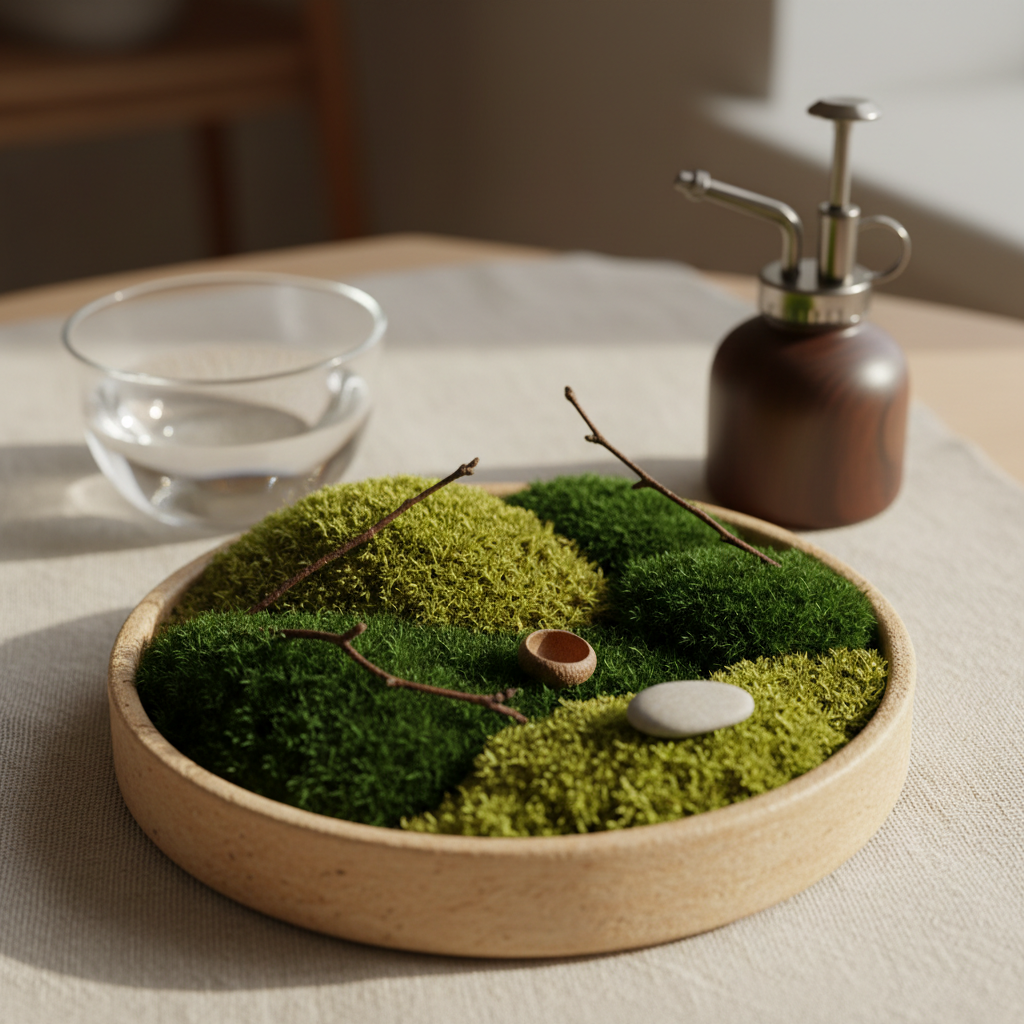 A close-up of a small, circular moss garden arranged in a shallow matte ceramic dish the color of warm stone. The moss forms miniature rolling hills, interspersed with tiny twigs, a single acorn, and a smooth, pale pebble, suggesting a micro-landscape. The dish rests on a natural linen cloth beside a glass bowl of water and a wooden-handled misting spray bottle. Soft, indirect daylight from the right creates gentle highlights on the moss’s velvety texture. Photographic realism, captured at eye-level with a tight, centered composition and subtle background blur, evoking quiet care, restorative ritual, and the meditative aspects of ecotherapy practice.