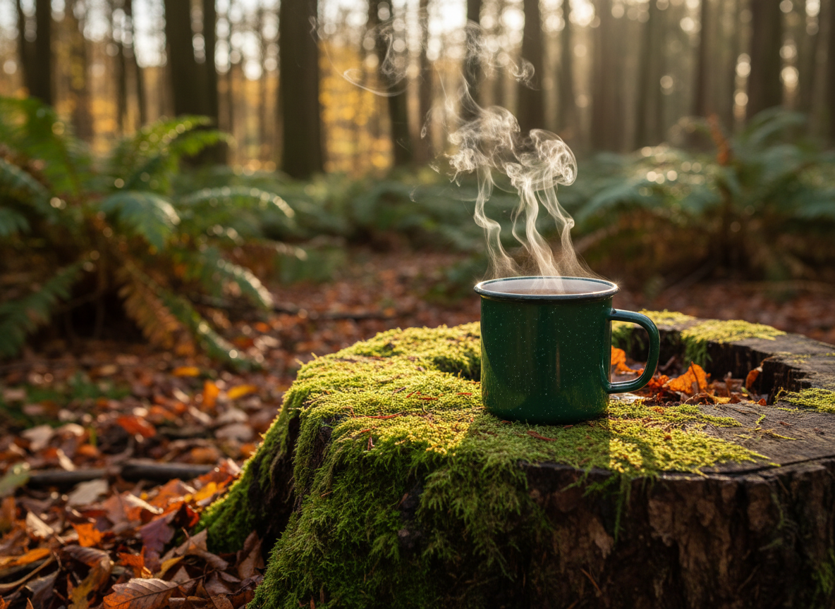 A deep green enamel mug filled with herbal tea, steam rising in delicate wisps, is placed atop a weathered wooden stump covered in soft moss at the edge of a tranquil forest clearing. Fallen leaves in amber and rust tones surround the base, while blurred tree trunks and ferns recede into the background. Dappled late-afternoon sunlight filters through overhead branches, creating patches of warm light and shadow. Captured in photographic realism from a slightly low angle, with the mug positioned on the rule of thirds, the scene feels grounding, cozy, and restorative, perfectly expressing slow, nature-based stress relief and gentle outdoor ritual.